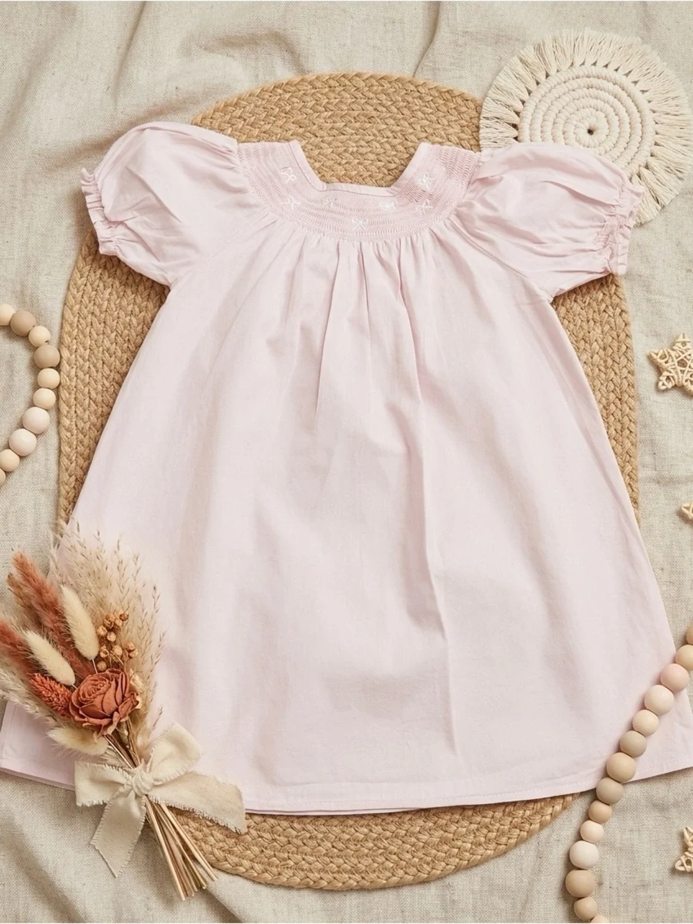 Classic Light Pink Puff-Sleeve Smocked Dress for Girls